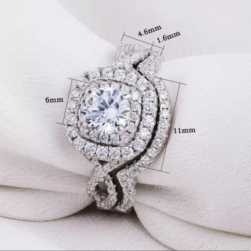 925 Sterling Silver Diamond Engagement Bridal Wedding 2 Band Ring Set Sz 5‎